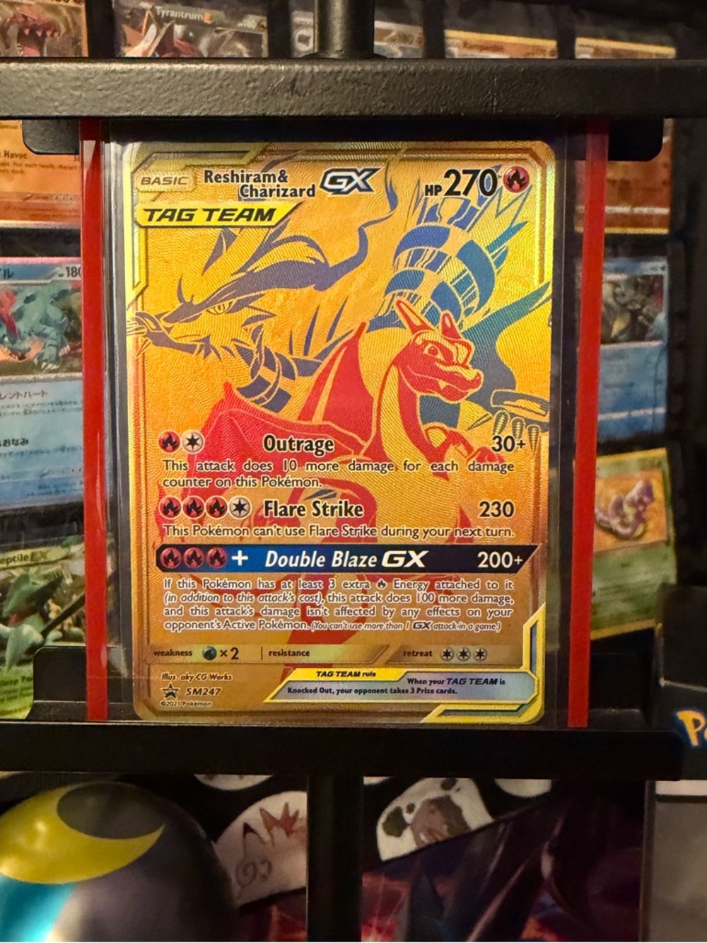 Pokemon Reshiram & Charizard GX Gold Holo Tag Team Card - Red, Yellow, Blue